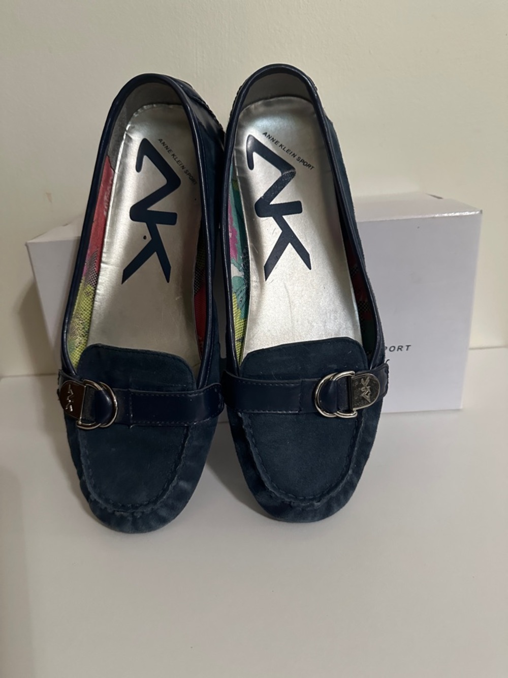 Anne Klein Navy Suede Loafers with Silver Buckle